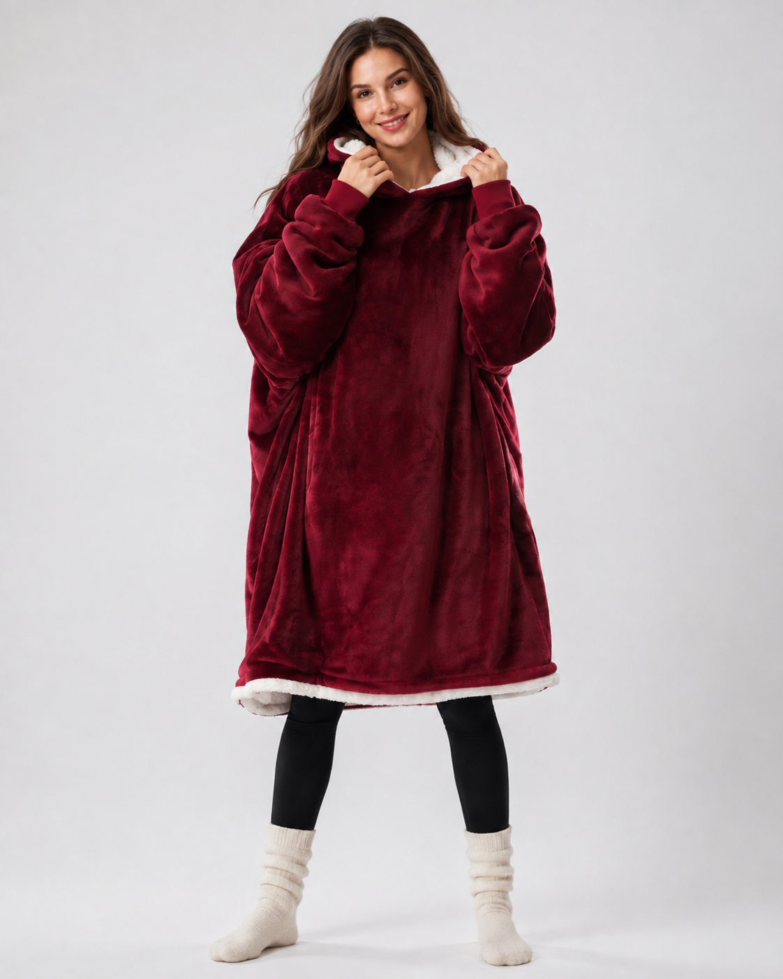 Oversized bordeauxrode hoodie deken met crèmekleurig gevoerde capuchon
