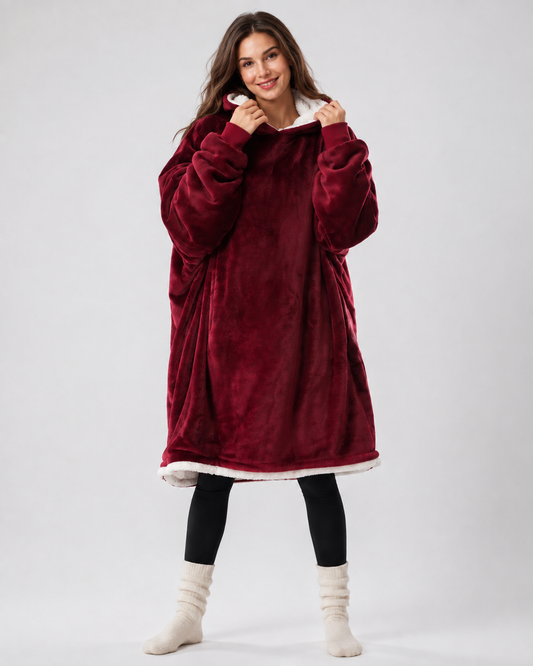 Oversized bordeauxrode hoodie deken met crèmekleurig gevoerde capuchon