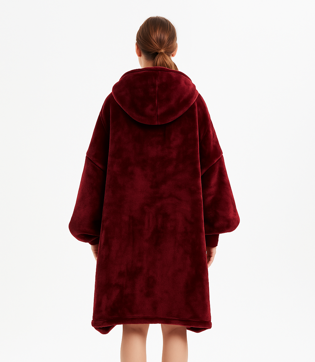 Oversized bordeauxrode hoodie deken met crèmekleurig gevoerde capuchon