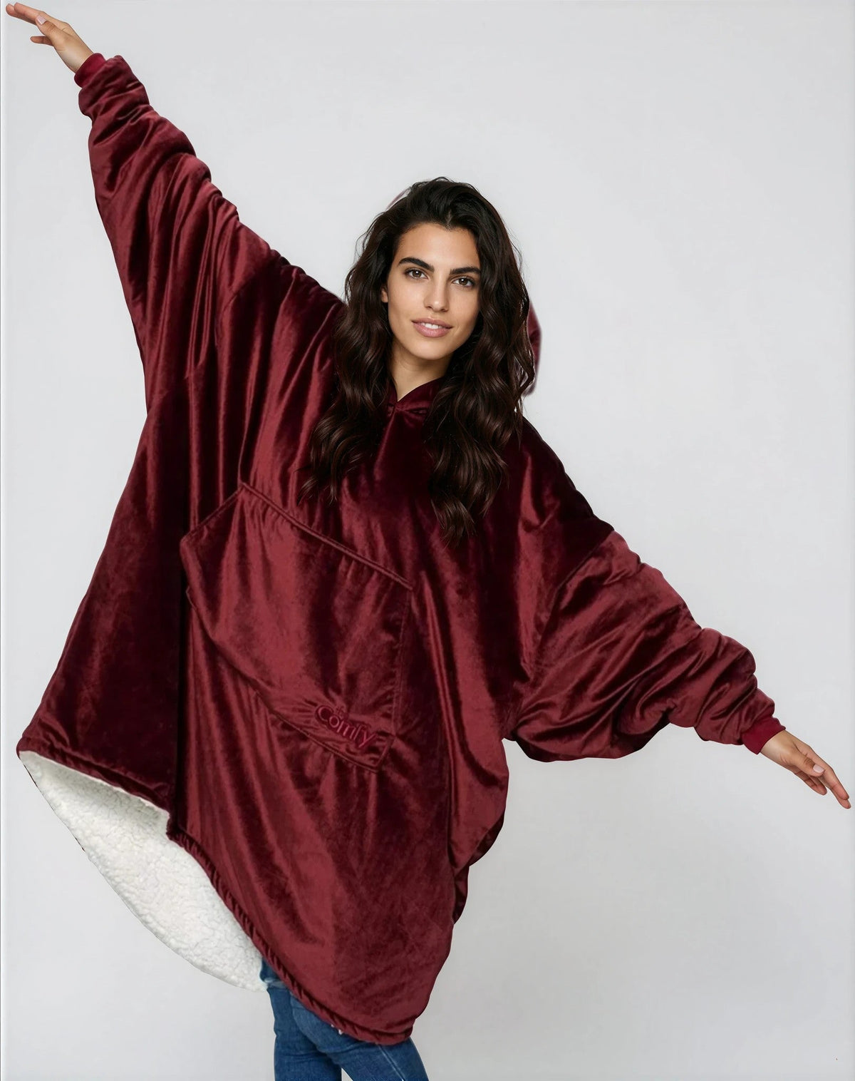 Oversized bordeauxrode hoodie deken met crèmekleurig gevoerde capuchon