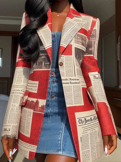 Damesblazer met krantenkolommen in rood en crème - rood met crème