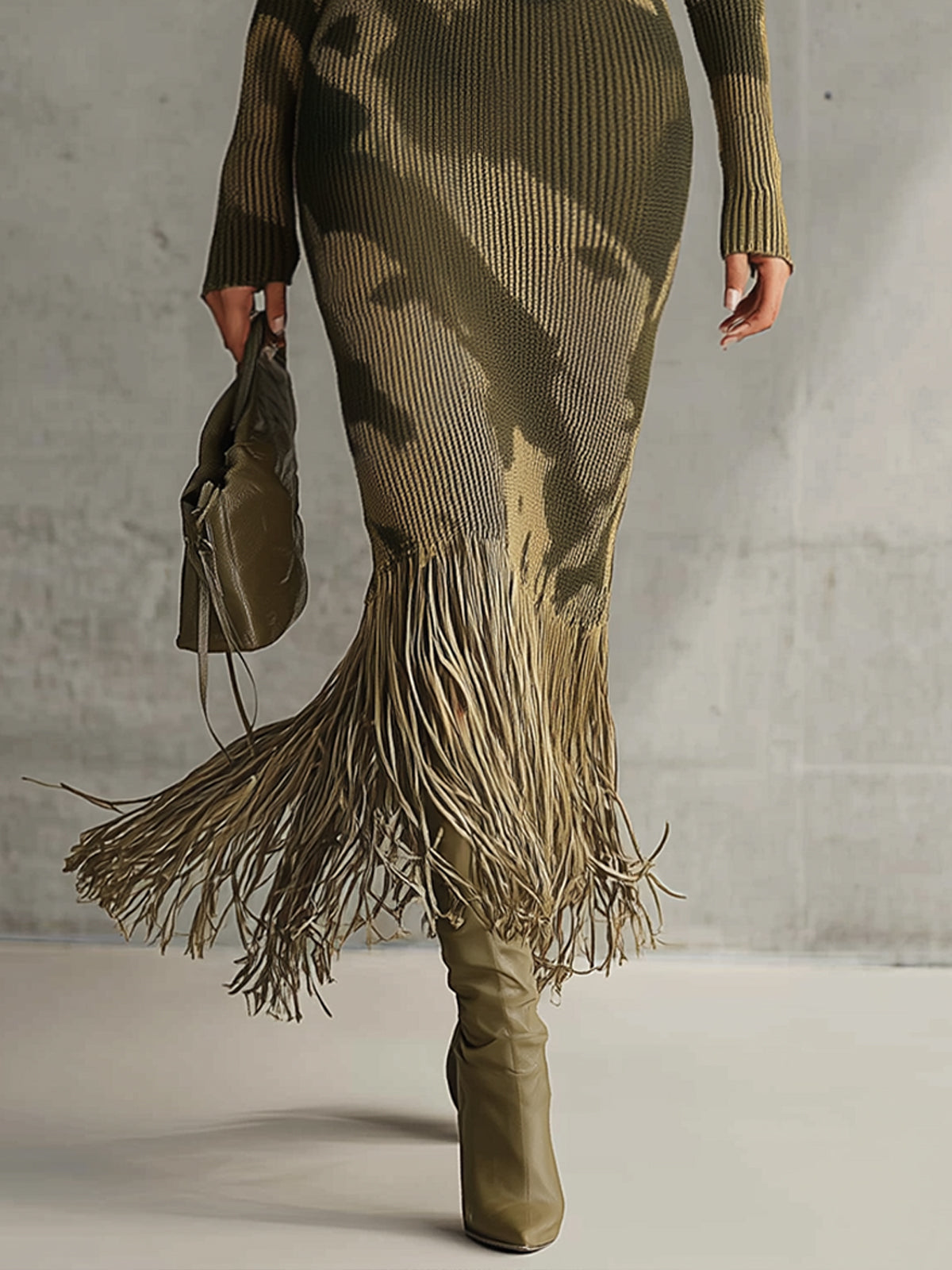 Geribde jurk met camouflageprint en franjes - detailfoto