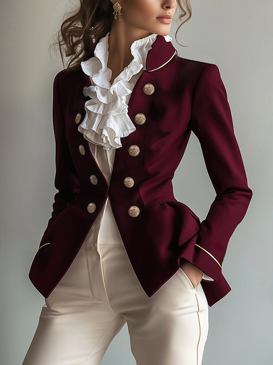 Militaire blazer dames met goudkleurige knopen en peplum - bordeaux