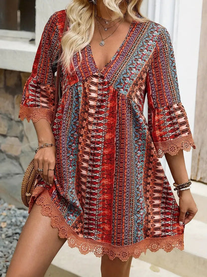 Jurk dames met kantrand en boho print - detailfoto