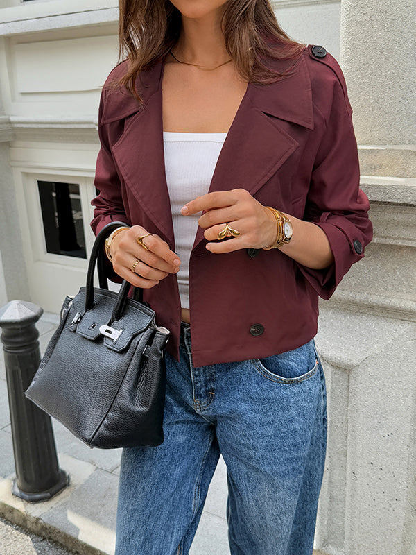 Cropped trenchjack dames met brede revers en twee rijen knopen