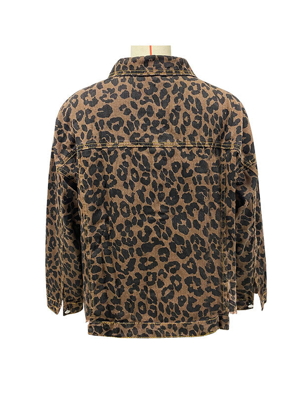 Luipaardprint jack dames met rafelzoom en borstzakken