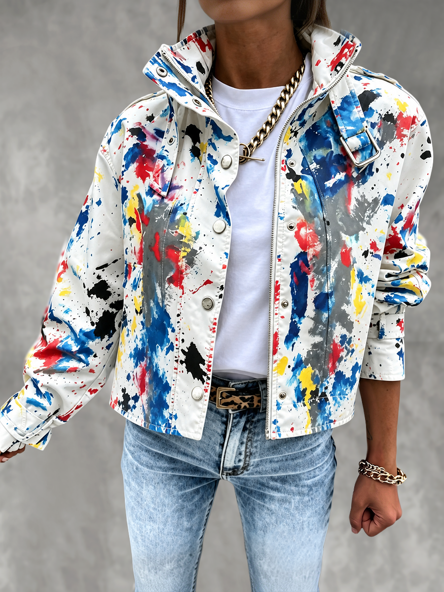 Utility jack dames cropped met kleppenzakken en trekkoord - verfspatten