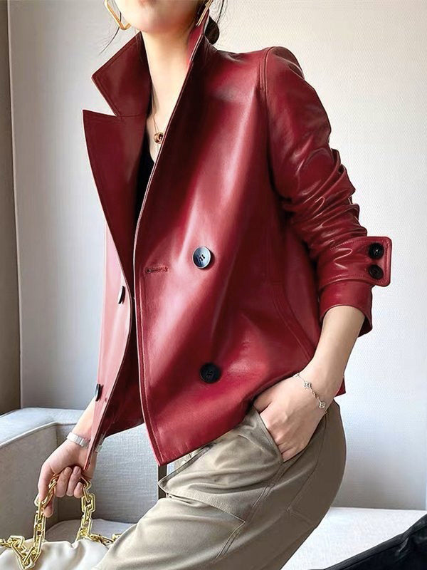 Imitatieleren jack dames met brede reverskraag - rood