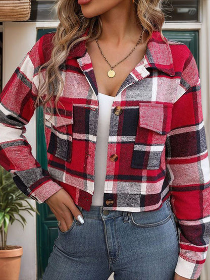 Geruit cropped jack dames met puntkraag en twee kleppenzakken - rood
