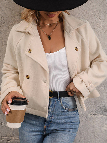 Crèmekleurig cropped damesjack van fleece met brede revers