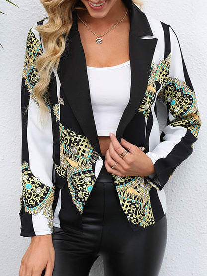 Cropped zwart-witte gestreepte damesblazer met barokprint vlakken