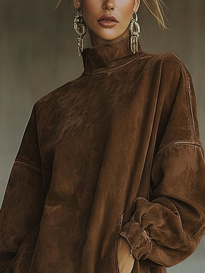 Oversized jurk met suèdelook en franjezoom in Bruin