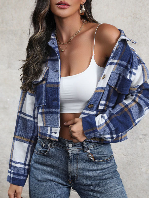 Geruit cropped jack dames met puntkraag en twee kleppenzakken - donkerblauw