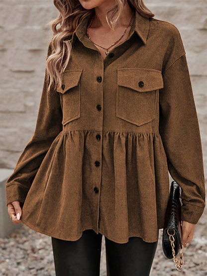 Tabaksbruin corduroy overshirt met peplum en borstzakken - tabaksbruin