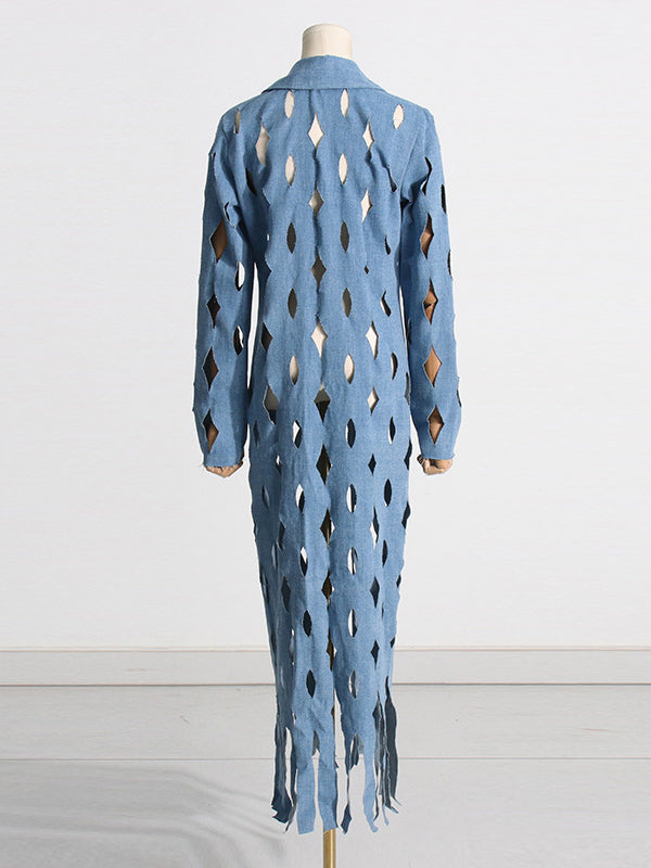 Enkellange denim damesjas met uitgesneden ruiten en franjezoom