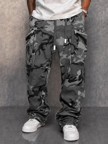 Camouflage cargobroek voor heren met ritszakken en trekkoord - grijs