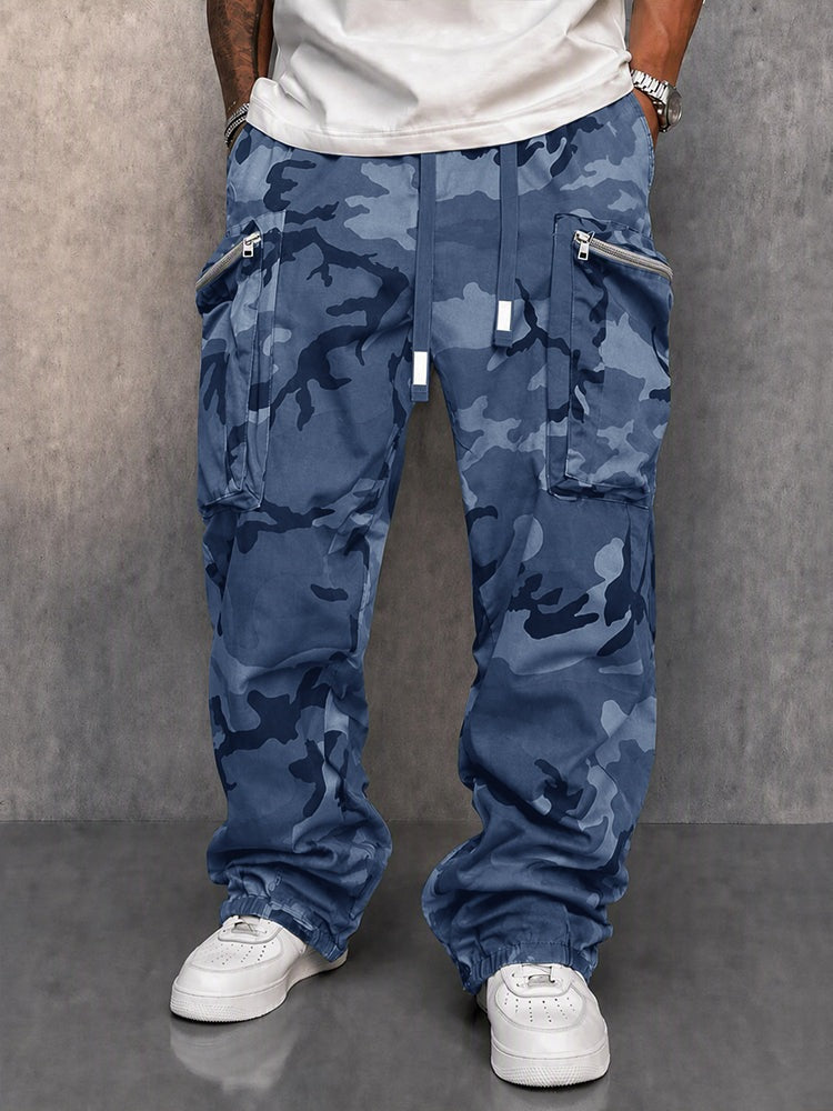 Camouflage cargobroek voor heren met ritszakken en trekkoord - blauw