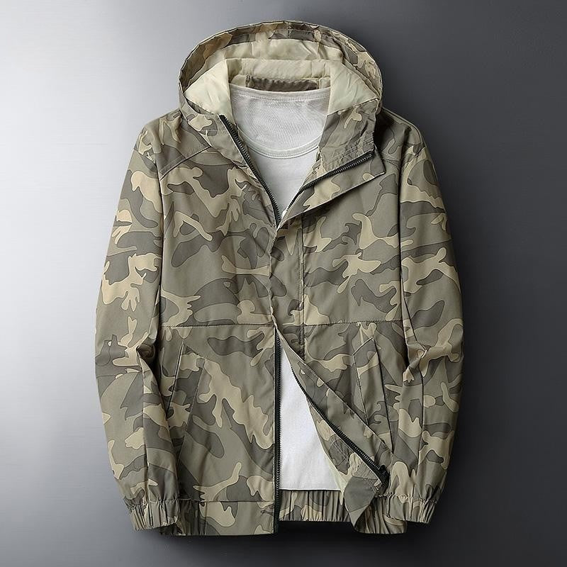 Camouflage herenjack met capuchon, rits en elastische boorden - kaki