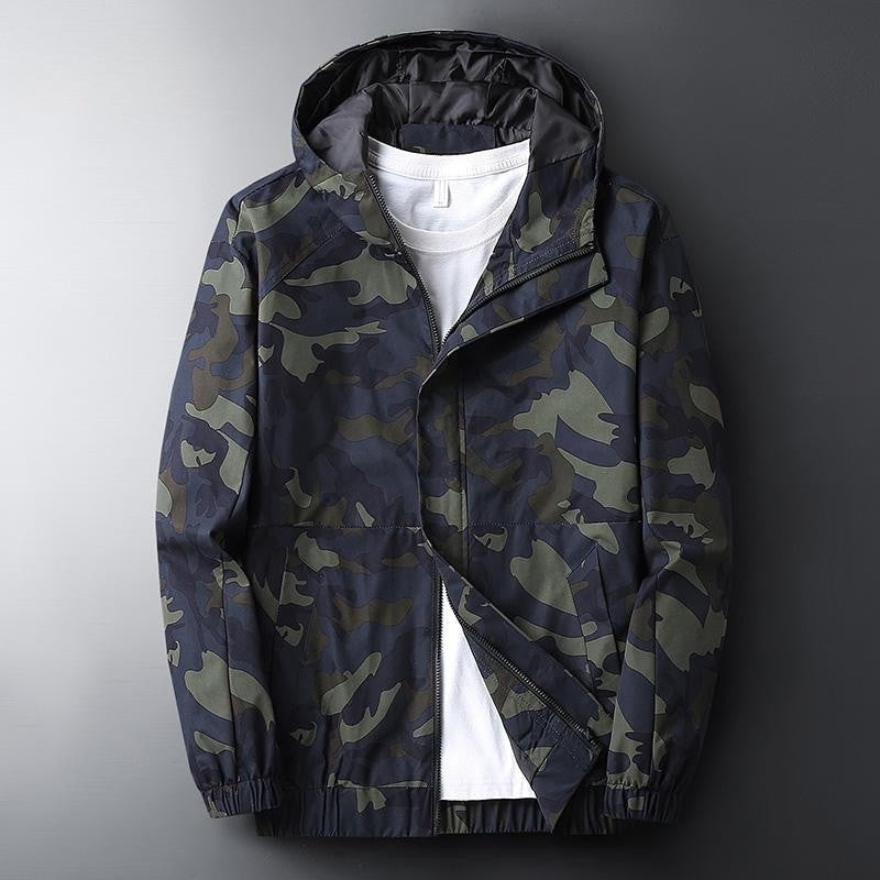 Camouflage herenjack met capuchon, rits en elastische boorden - donkerblauw