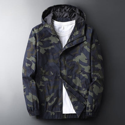 Camouflage herenjack met capuchon, rits en elastische boorden - donkerblauw