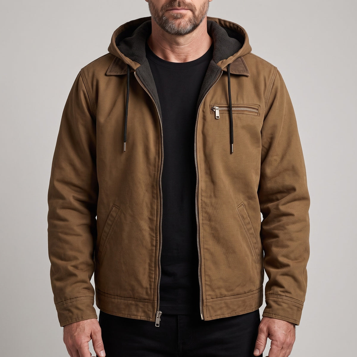 Canvas herenjas met capuchon en sherpa voering - bruin