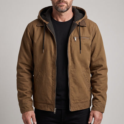Canvas herenjas met capuchon en sherpa voering - bruin