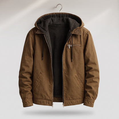 Canvas herenjas met capuchon en sherpa voering - bruin