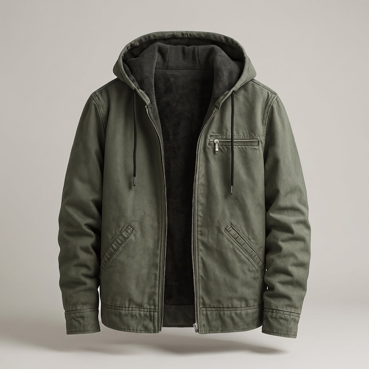 Canvas herenjas met capuchon en sherpa voering - groen