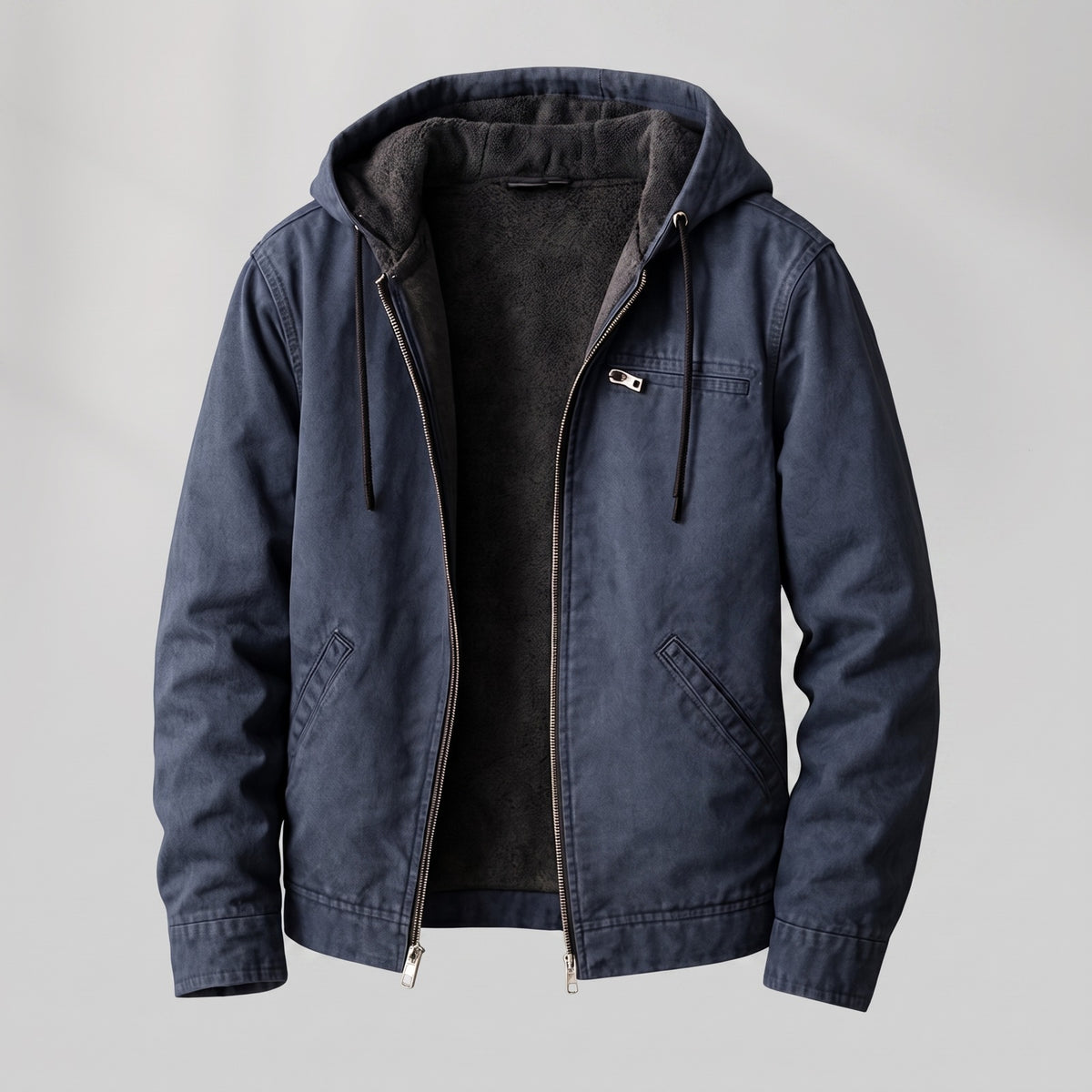Canvas herenjas met capuchon en sherpa voering - blauw