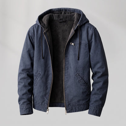 Canvas herenjas met capuchon en sherpa voering - blauw