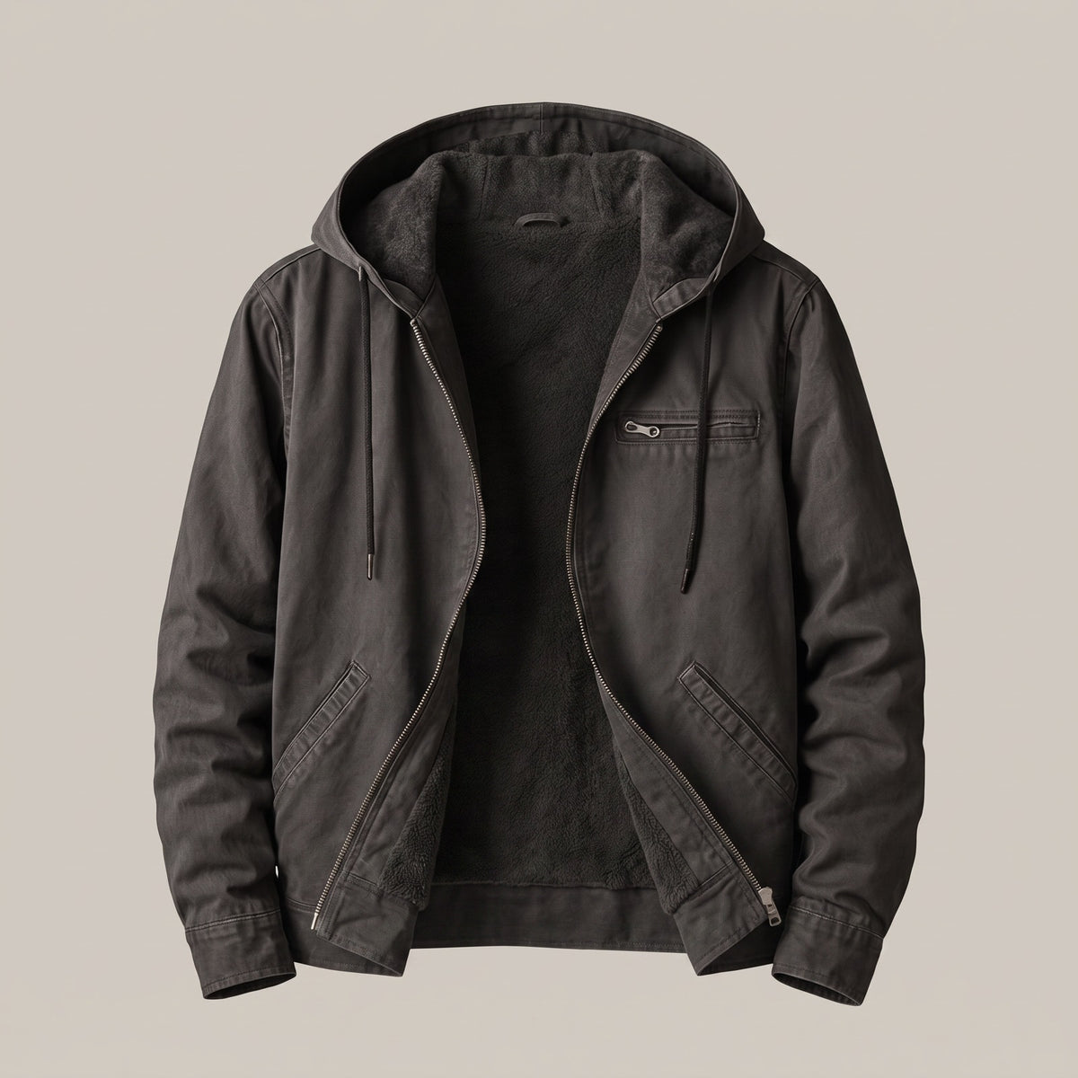 Canvas herenjas met capuchon en sherpa voering - antraciet