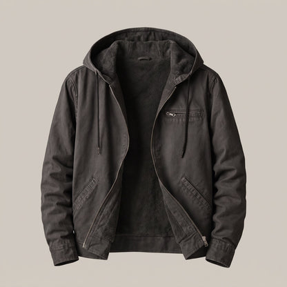 Canvas herenjas met capuchon en sherpa voering - antraciet
