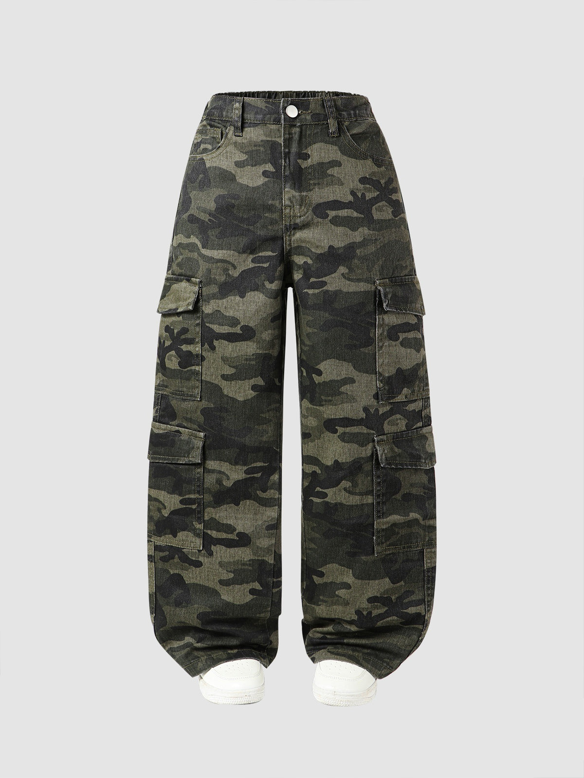 Cargo jeans voor meisjes van katoen met grote zijzakken en rechte pijp - groene camo