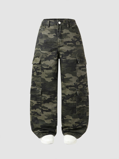 Cargo jeans voor meisjes van katoen met grote zijzakken en rechte pijp - groene camo