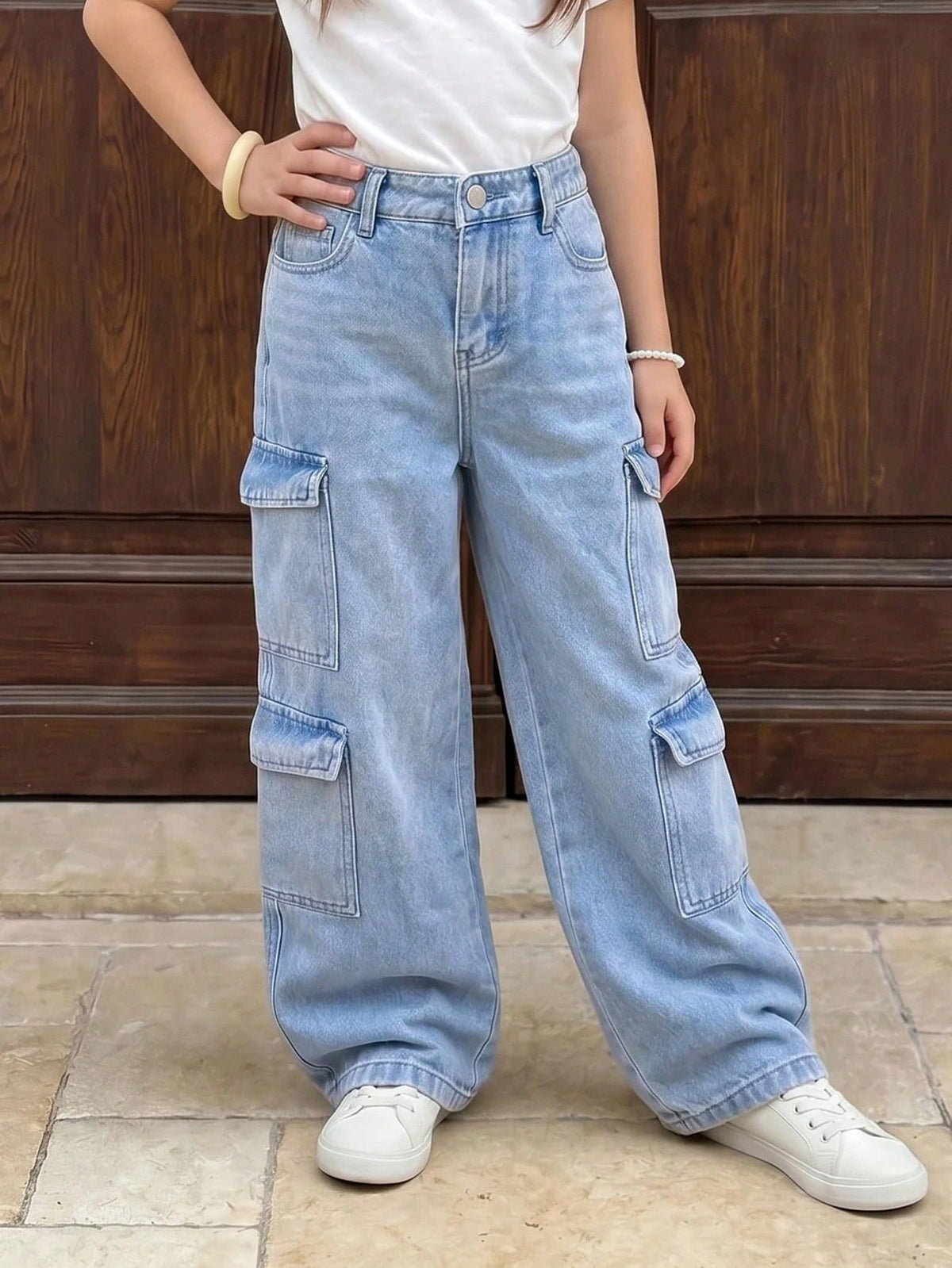 Cargo jeans voor meisjes van katoen met grote zijzakken en rechte pijp - beeld 10