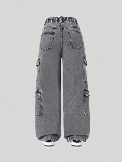 Cargo jeans voor meisjes van katoen met grote zijzakken en rechte pijp - grijs