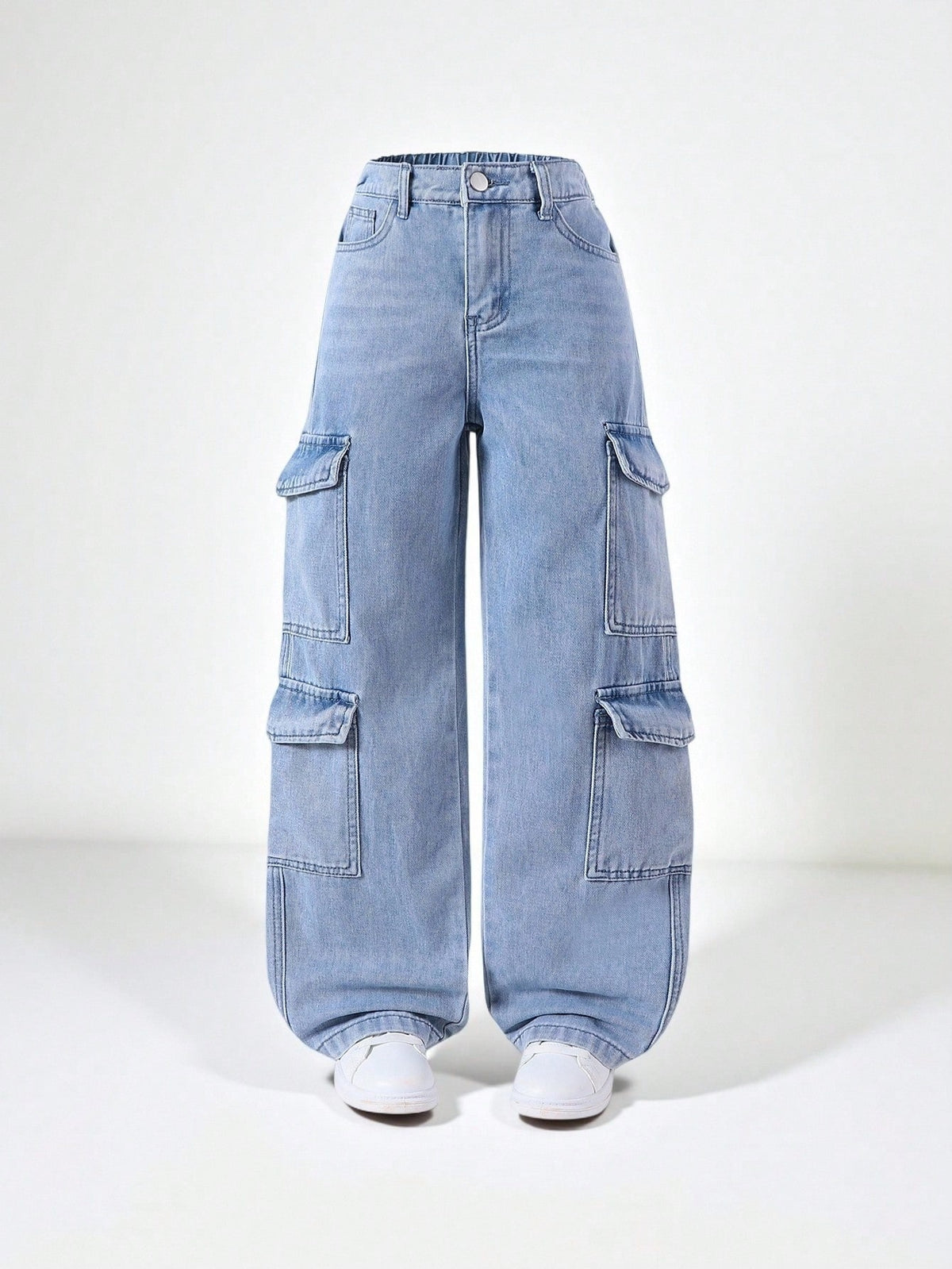 Cargo jeans voor meisjes van katoen met grote zijzakken en rechte pijp - lichtblauw