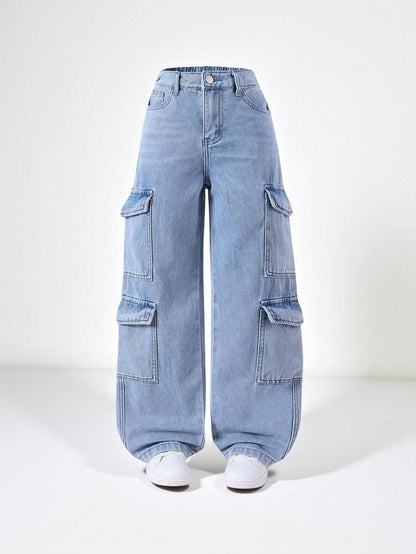 Cargo jeans voor meisjes van katoen met grote zijzakken en rechte pijp - lichtblauw