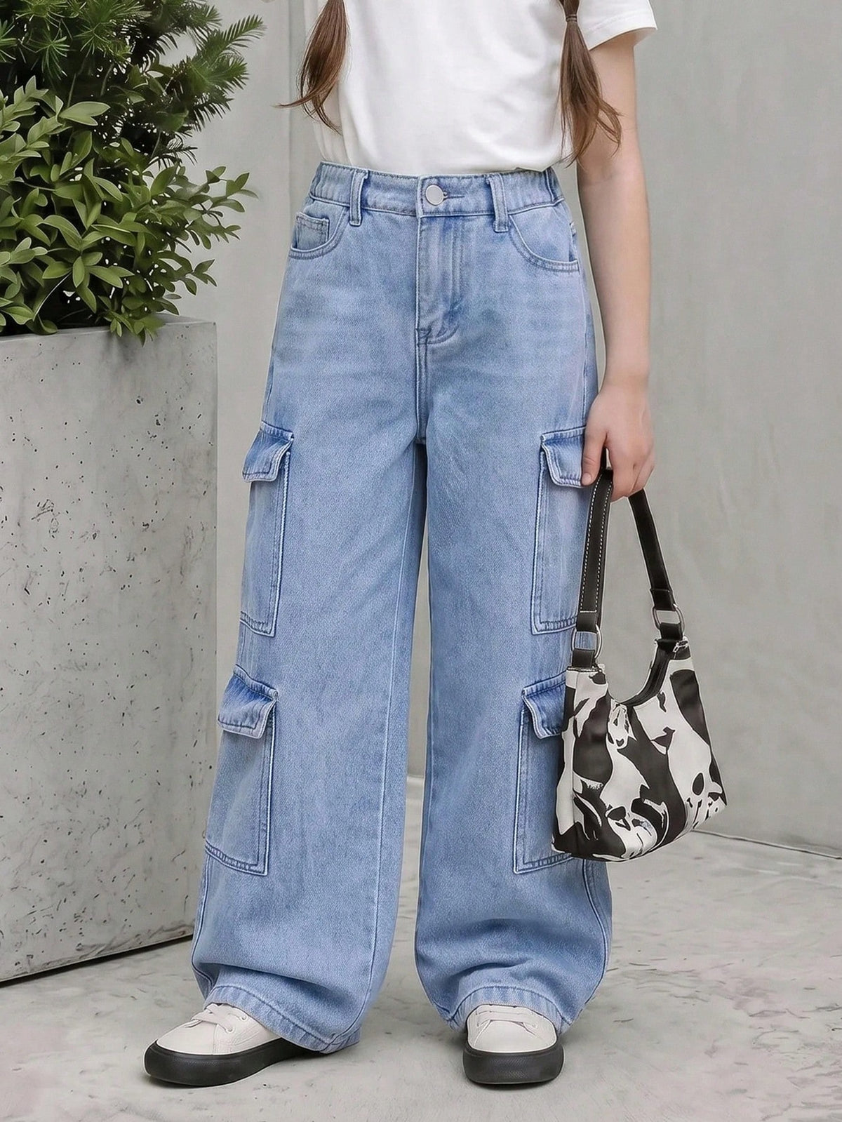 Cargo jeans voor meisjes van katoen met grote zijzakken en rechte pijp - beeld 9