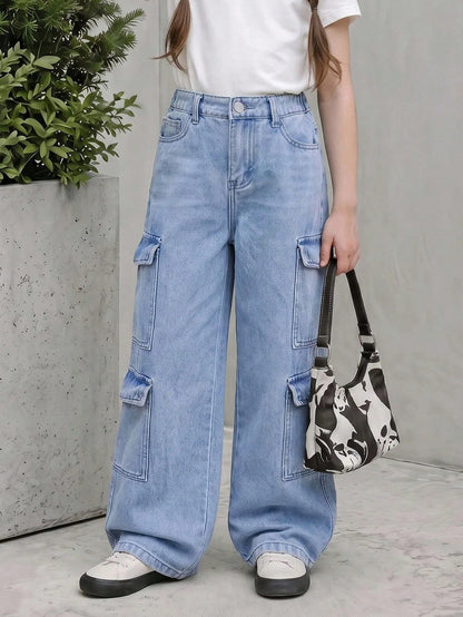 Cargo jeans voor meisjes van katoen met grote zijzakken en rechte pijp - beeld 9