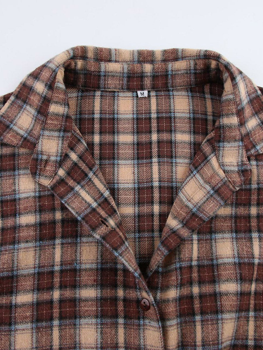 Oversized bruin geruit overshirt met contrastkraag en borstzakken