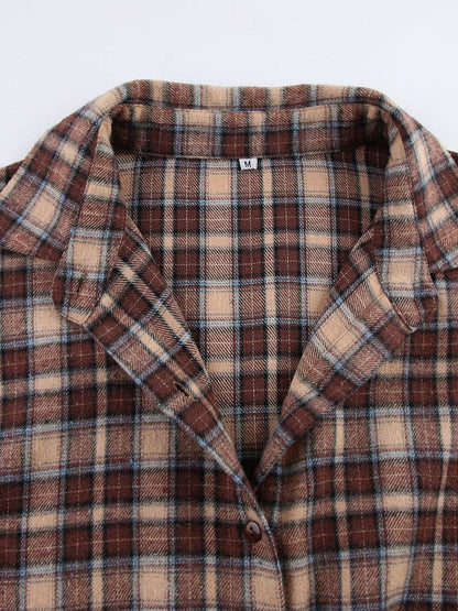 Oversized bruin geruit overshirt met contrastkraag en borstzakken