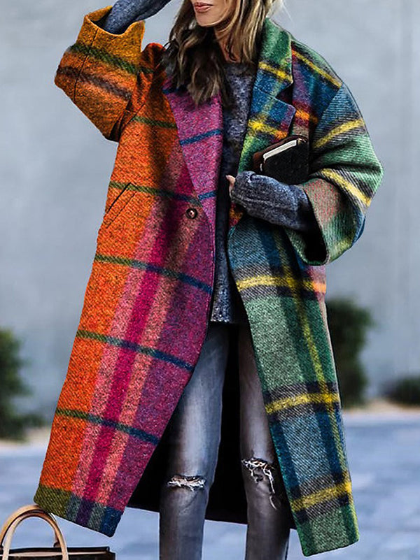 Geruite lange jas dames in heldere multicolor ruit