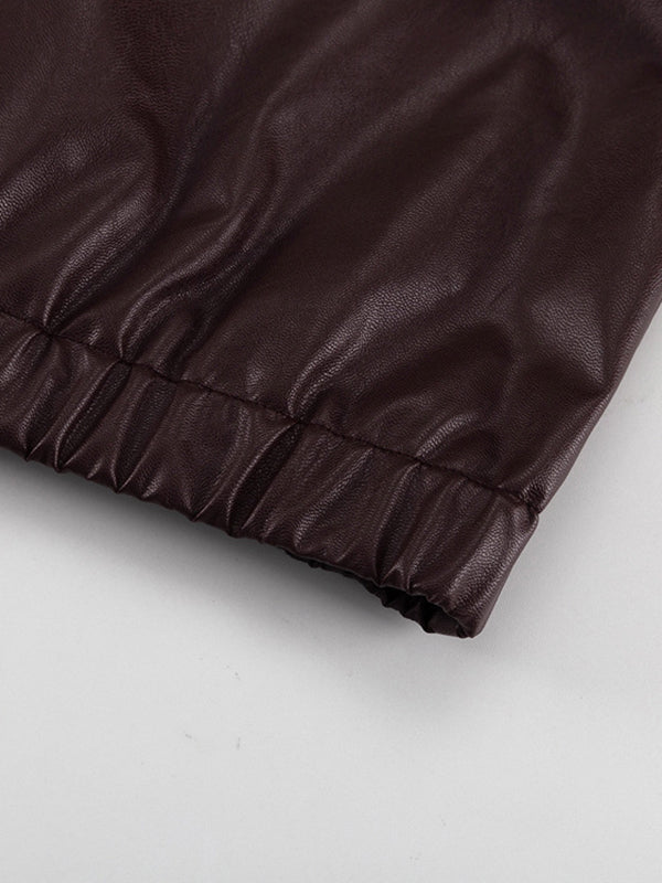 Chocoladebruin imitatieleren damesjack met brede reverskraag en rits