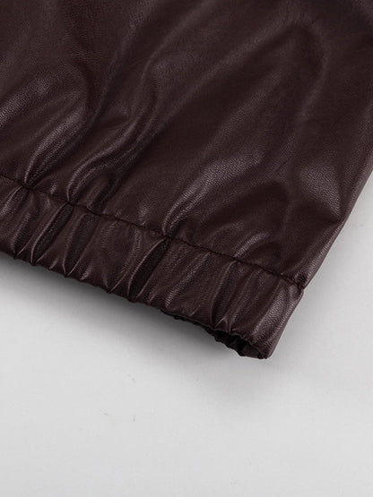 Chocoladebruin imitatieleren damesjack met brede reverskraag en rits