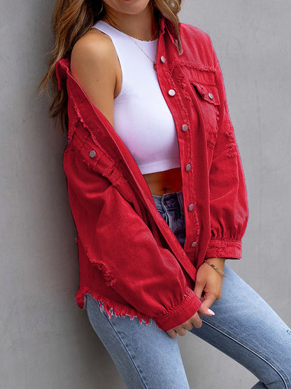 Oversized overhemdjack dames met rafelranden en borstzakken - rood