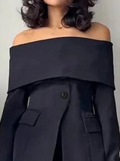 Zwarte off-shoulder blazer dames met omgeslagen halslijn