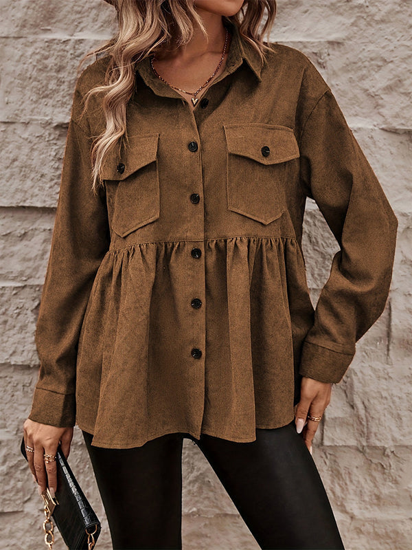 Tabaksbruin corduroy overshirt met peplum en borstzakken
