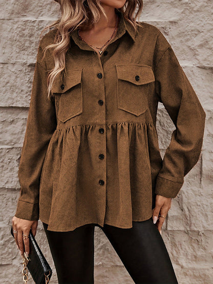 Tabaksbruin corduroy overshirt met peplum en borstzakken