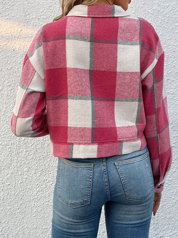 Geruit cropped jack dames met puntkraag en twee kleppenzakken